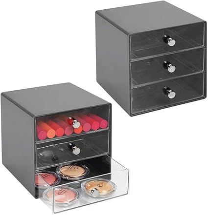 Mdesign Organiseur De Bureau En Plastique Resistant Lot De 2 Tour De Rangement A Cosmetiques Pratique 3 Tiroirs Boite De Rangement Plastique Avec Poignees Chromees Gris Ardoise Transparent Amazon Fr Cuisine Maison