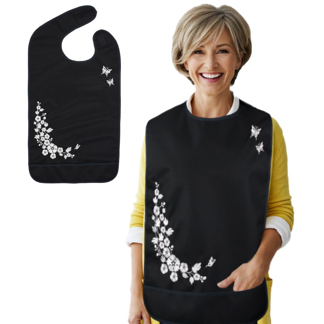 Modaliv Adult Bib for Women – Waterproof Reusable Clothing Protector with Crumb Catcher | Embroidered Floral & Butterfly Design | Washable Mealtime Dining Aid for Elderly & Disabled