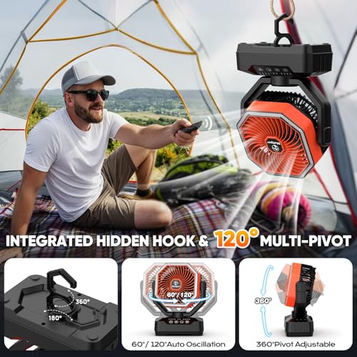 Multper 20000mAh Ventilateur Camping, Max 70H Fonct. Ventilateur Portable Rechargeable avec LED et Téléc., 4 Vitesses Ventilateur USB Silencieux avec Oscil Auto, Ventilateur Bureau pour Camping Maison
