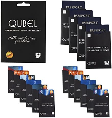 RFID Blocking Sleeves (Set of 16: 12 Credit Card & 4 Passport Protectors) Tear Proof, Waterproof, Smart Slim Design. Fits Any Wallet/Purse. Premium Identity Theft Protection (Black) by Qubel