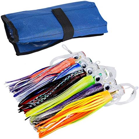 6/8 pcs 6.7'' Trolling Fishing Soft Lures, for Marlin Tuna Wahoo Saltwater Sailfish Deep Sea Rigged Lure Octopus Squid Skirts Bait Set with Mesh Pouch