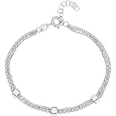 Vanbelle Sterling Silver Jewelry - Rhodium Plated with 925 Stamp - Layered and Stationary Silver Stone Chain Bracelet for Women - 16.5cm Long + 2.5cm Extender