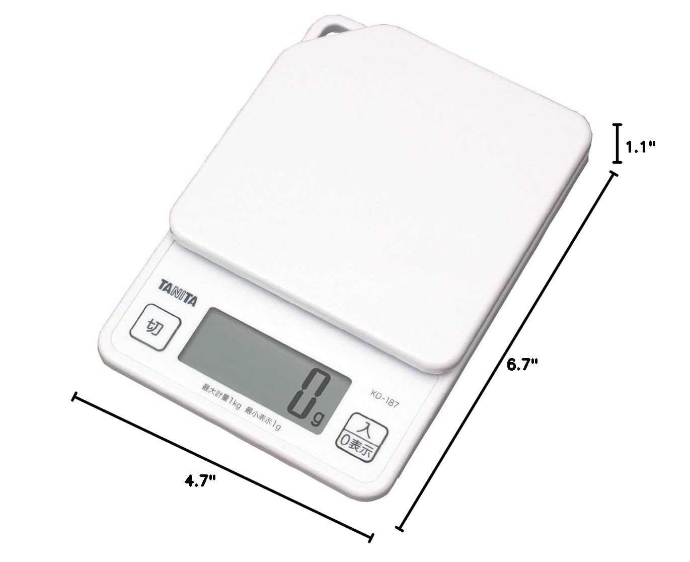 Tanita KD-187 WH Cooking Scale, 0.3 oz (1 g) Units of Up to 2.2 lbs (1 kg), Includes Hook Holes for Convenient Storage, White, Kitchen Scale, Cooking, Digital