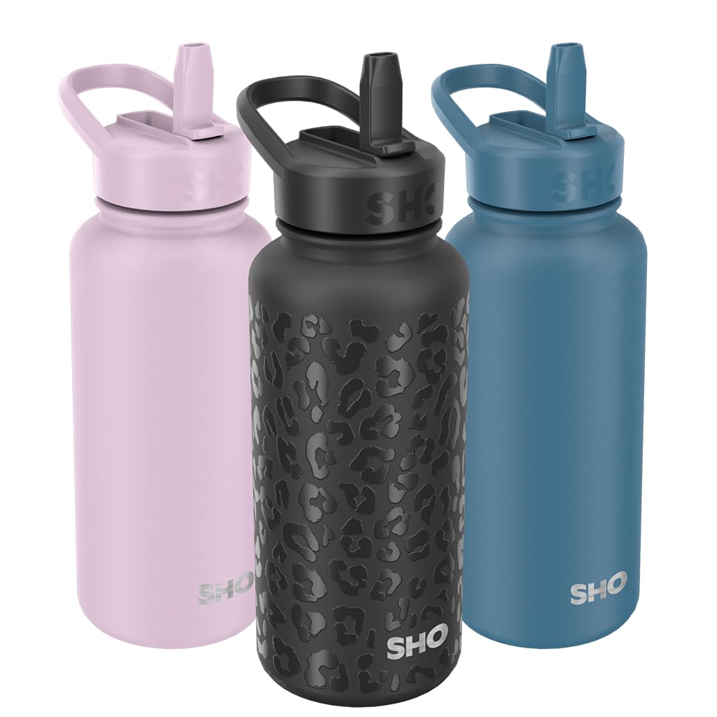 SHO Guzzler Water Bottle with Straw Lid - Leakproof, Dishwasher Safe, BPA Free, No Sweat, Vacuum Insulated Double Walled Stainless Steel Flask, 950ml & 1900ml - 24 Hours Cold (Black Leopard, 950ml)