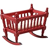 Garneck 1:12 Scale Baby Doll Crib and Bed for Dollhouse: Miniature Wooden Red Dolls Cradle Realistic Bassinet Model for DIY Dollhouse Furniture Craft Accessories