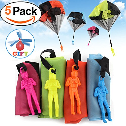 Qiwoo 5 Pack Flying Toy Parachute Balloon Helicopter Toys for Kids 4 Colors Mini No Tangle Throwing Flying Parachute Army Man Sports Outdoor Play for Childrens Boys Girls Teens Party Favors