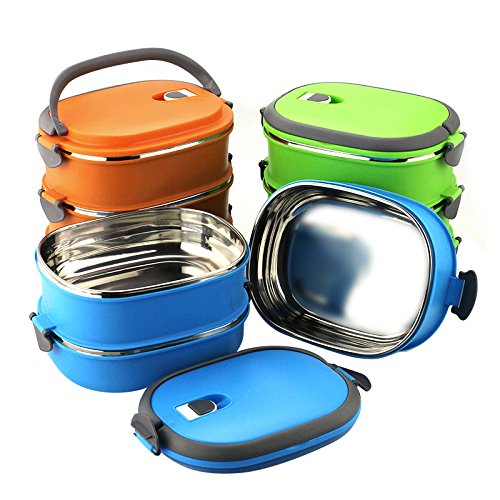 ixaer food Storage Container, Insulation Thermal Lunch Box Stainless Steel Food Storage Container Portable Bento Box With Handle, 3 Layers (Orange)