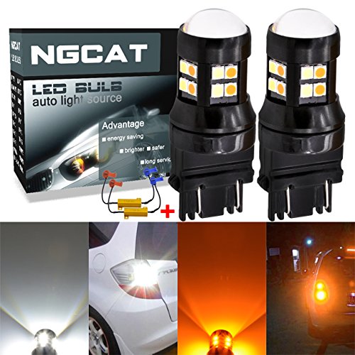 NATGIC 3157 3156 3057 Switchback LED Bulb Dual Color White/Amber Canbus Error Free For Switchback Turn Signal Light With 50W 8 ohm Load Resistors 6500K 1200LM (2PCS Led Bulb + 2PCS Load Resistors)