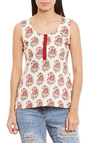 Womens Cotton Printed Short Top Kurti Sleeveless With Contrast Placket And Buttons