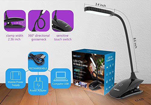 UBIKORT Book Light, LED Clip on Reading Light, Flexible Book Reading Lamp, USB Rechargeable Bedside Desk Lamp with 3 Levels Brightness, Touch Switch, Eye Protection for Reading in Bed (Black)