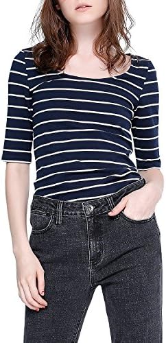 Toyouth Women T-Shirts O Neck Slim Striped Half Sleeves Casual T-Shirt Navy Blue Large
