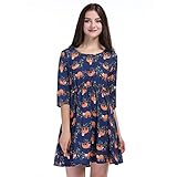 Fancyqube Women's Summer Casual 3/4 Sleeve Elastic Waist Cute Sloth Print Flare Midi Dress