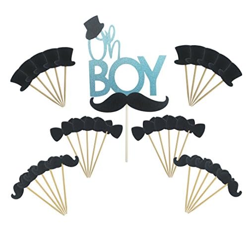 Maydolbone 31pcs Oh Boy Cake Topper Hat Mustache Bowtie Cupcake
