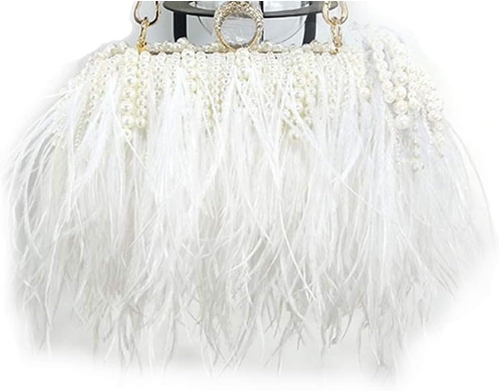 Women's Feather Wallet Fashion Evening Party Banquet Clutch Bag Pearl Handmade Chain Bag