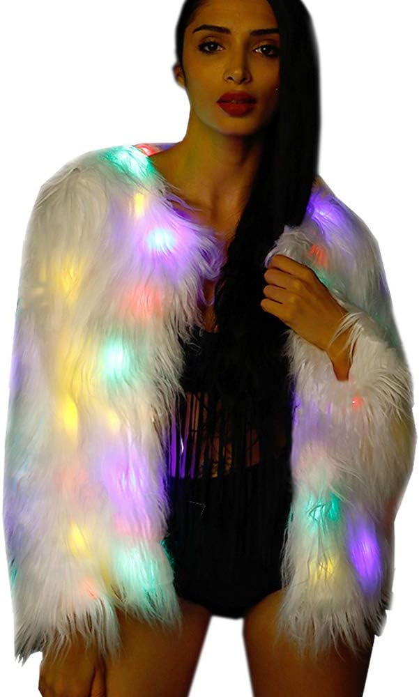 MAYEVER® Light Up Flashing LED Faux Fur Coat Warm Costume W/Shiny Lights Jacket Outwear