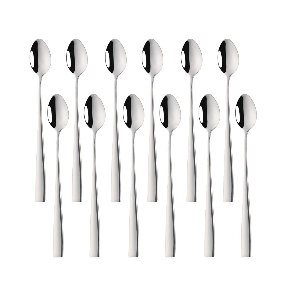 SUNGSHENGEUR Iced Tea Spoon Set - 12 Stainless Steel Dessert Spoons, 7.5-Inch, Autograph Pattern, Silver