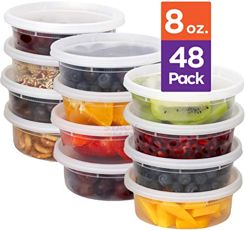 Stack Man Plastic Food Storage Deli Containers with Airtight Lids, 48 Pack (8 Ounce)