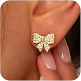 Bykuvo Gold Stud Earrings For Women,14K Gold Plated Hypoallergenic Diamond Bow Stud Earrings For Women Trendy,Bow Pearl Drop Dangle Earrings Dainty Cute Christmas Jewelry Gifts