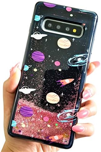 for Samsung Galaxy S10 Plus Cute Black Floating Moon Stars Outer Space Liquid Waterfall Bling Glitter Soft Case