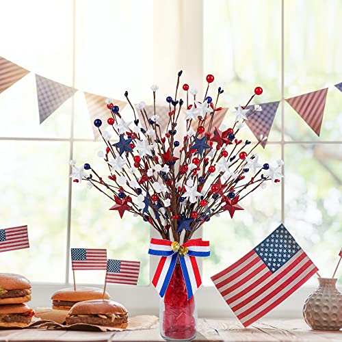 Shitailu 4 Pack Patriotic Artificial Berry Stem Picks White Blue Red Stars for 4th of July Independence Day, Pentagram Faux Berry Branches Decoration for Home Office Restaurant Vase Décor