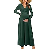 OUGES Women's 2024 Fashion Long Sleeve V Neck Maxi Dress with Pockets Maternity Clothes Nursing Dresses
