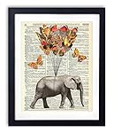 Elephant With Butterflies (#1) Upcycled Vintage Dictionary Art Print 8x10