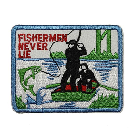 Fishermen Never Lie Patch Bass Trout Fish Rod Reel Embroidered Iron On Applique - Thumbnail 2