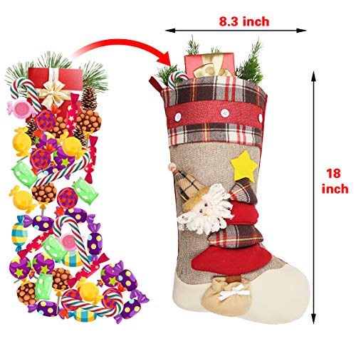 Aiduy Christmas Stockings, 3 Pack 18" Large Size Xmas Stockings Decorations with 3D Santa Snowman Reindeer Fireplace Hanging Stockings for Family Holiday Season Decor and Party Accessories