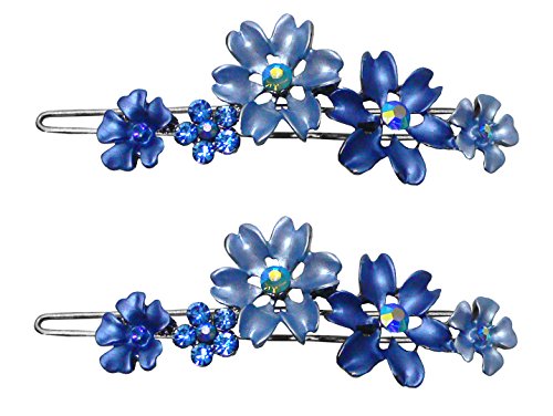 Set of 2 Flower Barrettes In Same Color with Snap-on Clip for Thin Hair YY86400-11-2blue