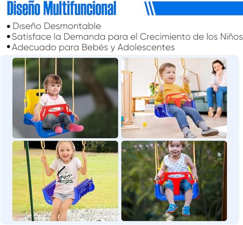 WEAGP Columpio 3 en 1 para Niños, Columpio para Niños con Cuerdas Altura Ajustables, Asiento Antivuelco, Columpio Desmontable para Niños para Patio de Juegos Interior y Exterior