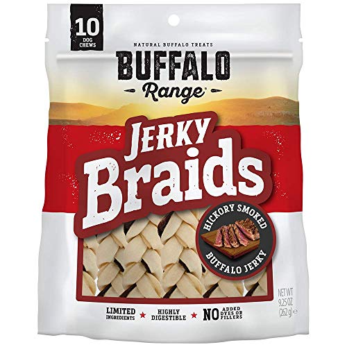 BUFFALO RANGE RAWHIDE DOG TREATS | HEALTHY, GRASS-FED BUFFALO JERKY RAW HIDE CHEWS | HICKORY SMOKED FLAVOR | JERKY BRAIDS, 10 COUNT