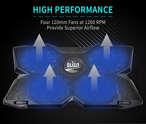 Alien Studio Laptop Cooling Pad â€“ Slim Fan Laptop Stand - 4 Super Silent USB Cooling Fans, 2 Extra USB Ports, Non-Slip Base, Adjustable Tray Height, Compatible with 12-17 in Laptop, Notebook, MacBook