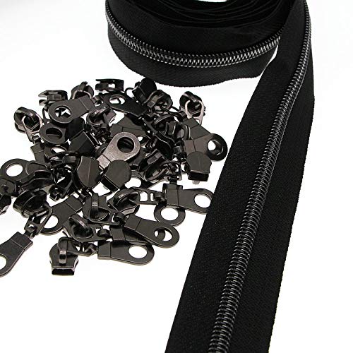 #5 Black Nickel Zippers by The Yard Bulk Metallic Nylon Coil Zipper Tape 10 Yards with 25Pcs Gunmetal Zipper Pulls for DIY Sewing Crafts Replacement Bags SHUNLI