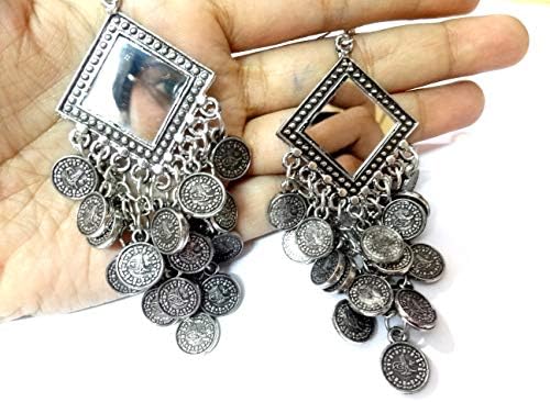 House of crafts India Earring Traditional Afghani Diwali Gifts Mirror Drop Dangle Bells Silver Oxidized Bollywood Jhumka Jewelry