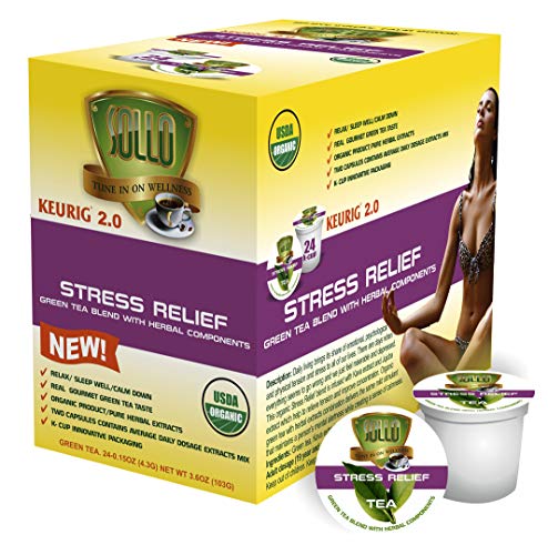 SOLLO Tea Pods Compatible With 2.0 K-Cup Keurig Brewers, Stress Relief, Calm Down, Sleep Well Green Tea With Herbals Extracts, 24 Count per Pack, Organic Certified by USDA