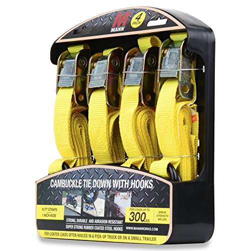 Mann Cambuckle Tie Down Straps with S-hooks 4-Pack Set 1"x10' 300lb Load Capacity 900lb Break Strength (Yellow)