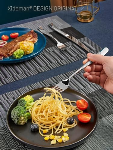 Xideman 24-piece hammered table cutlery with serrated knife 2 in 1 ultra sharp, 18/10 stainless steel cutlery set for 6 people, cutlery set knives, forks, spoons.