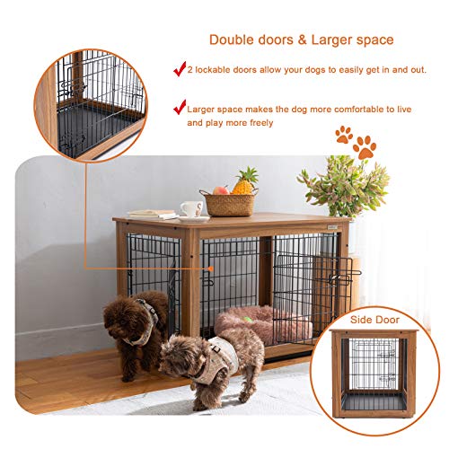 SIMPLY+ Wooden Dog Crate with Slide Tray, Wooden Wire Dog Kennels with