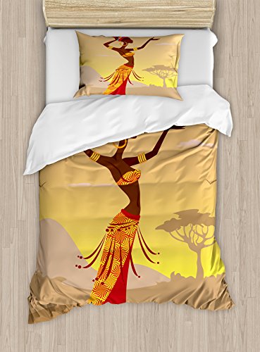 Ambesonne African Duvet Cover Set Twin Size, African Woman in Desert with Gulls Flying Around Folk Female Stylish Artful Print, Decorative 2 Piece Bedding Set with 1 Pillow Sham, Amber Tan