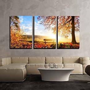 3 Piece Canvas Wall Art - Autumn Landscape with The Sun Warmly Illumining a Bench Under a Tree - Modern Home Art Stretched and Framed Ready to Hang - 16"x24"x3 Panels