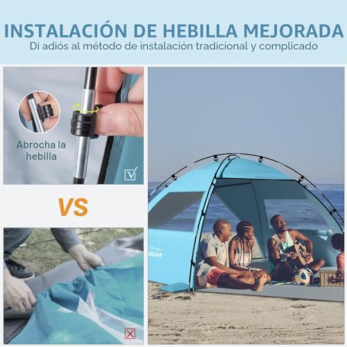 Elegear Beach Tent for 6-8 People, Camping Tent UV Protection UPF 50+ Portable Canopy with Carry Bag Family Beach Shelter for Varar Park Camping Fishing, 260 x 165 x 150 cm, Blue