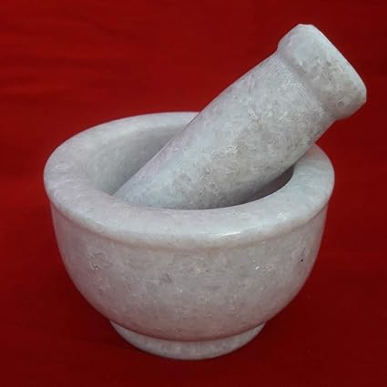 Ekam Art Jaipuri White Marble Stone Mortar Pestle Handcrafted Kitchenware Medicine Herb