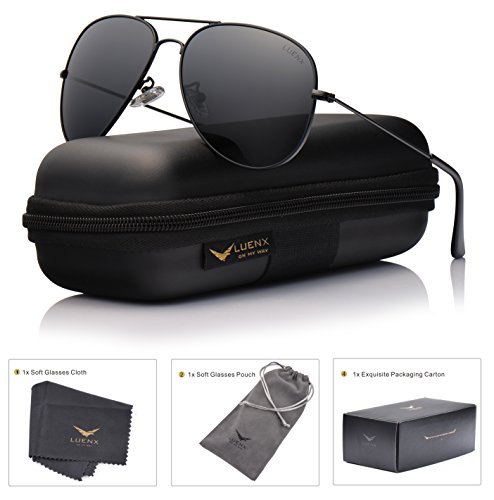 LUENX Aviator Sunglasses Polarized Mens Womens Black Lens Black Metal Frame 60mm
