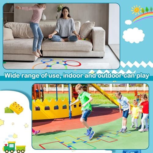 AM ANNA 2 Sets Hopscotch Rings Game for Kids, 20 Plastic Square & Round Hoops with 25 Connectors for Toddlers Gross Motor Skills, Playground Obstacle Course for Toddlers