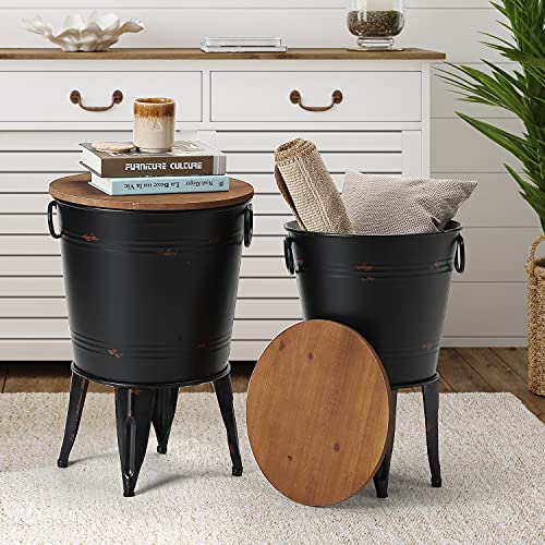 Rustic Storage Farmhouse Accent Side Table, Antique Galvanized Metal