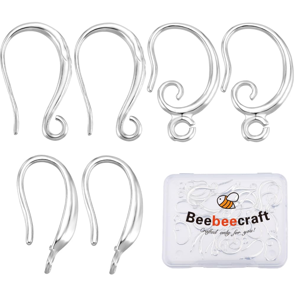 Beebeecraft 1 Box 30Pcs Earring Hooks 925 Sterling Silver Plated 3 Styles French Earring Hooks Ear Wires with 1.5/2mm Hole Loop Dangle Fish Hook Earwire for Earrings Jewellery Making