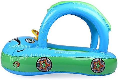 Willcome Sunshade Baby Float Seat Cartoon Car Boat PVC Inflatable Swimming Bath Boat Pool Ring with Canopy for the Age 6-24 Month Kids, Light Blue