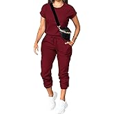 PINSV Women's 2 Piece Outfits Tracksuit Sets Short Sleeve Tops Jogger Pants with Pockets