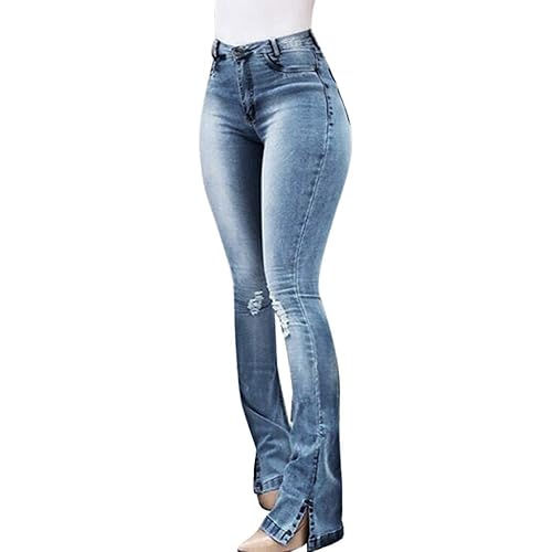 EOWO Women Casual Denim Pants Pocket Button High Waisted Slim Skinny Wide Leg Jeans Stretch Elastic Boot Pant