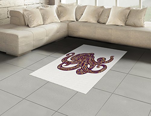 Ambesonne Octopus Area Rug, Octopus Illustration with Pattern and Colors Style Artwork Print, Flat Woven Accent Rug for Living Room Bedroom Dining Room, 4' X 5.7', Purple Mustard